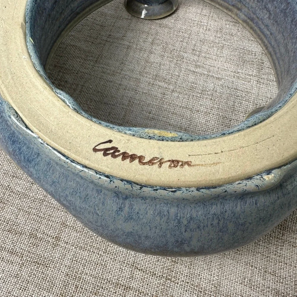 Signed Studio Pottery Triple Candle Holder Blue Gray Glazed Stoneware Pottery